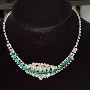 Vintage 17” Miriam Haskell Signed Rhinestone and Green Necklace